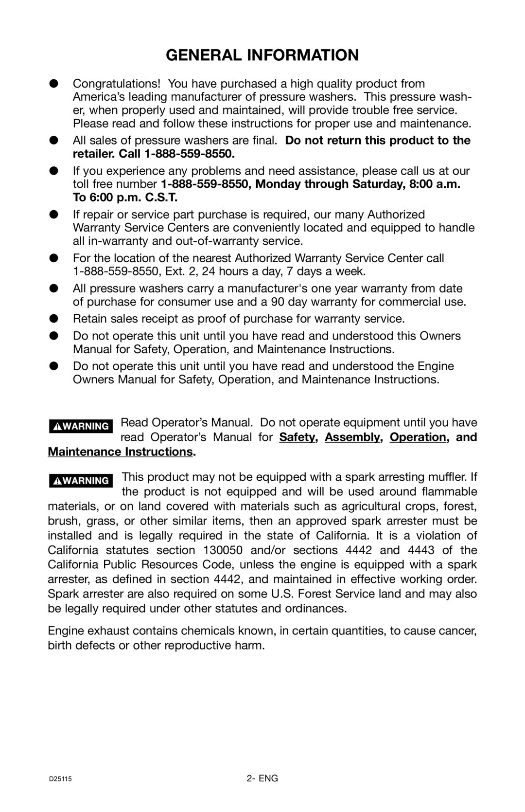 Porter-Cable PC2525SP, D25115-0112-0 instruction manual General Information, To 600 p.m. C.S.T, Maintenance Instructions 