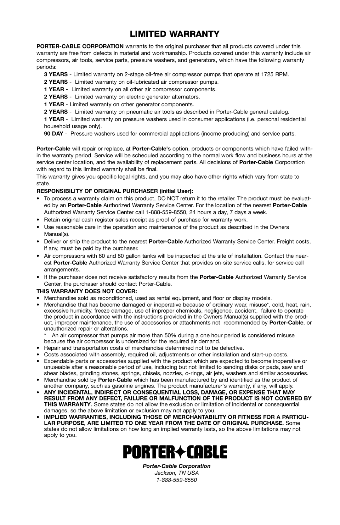 Porter-Cable PC2525SP, D25115-0112-0 instruction manual Limited Warranty, Responsibility of Original Purchaser initial User 