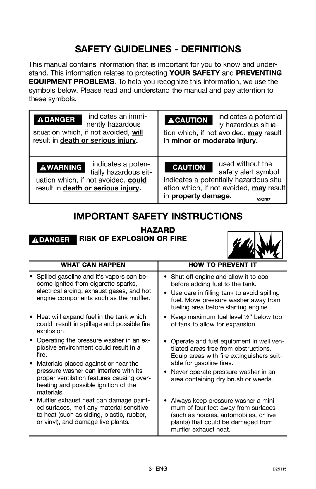 Porter-Cable D25115-0112-0 Safety Guidelines Definitions, Important Safety Instructions, Hazard, Risk of Explosion or Fire 