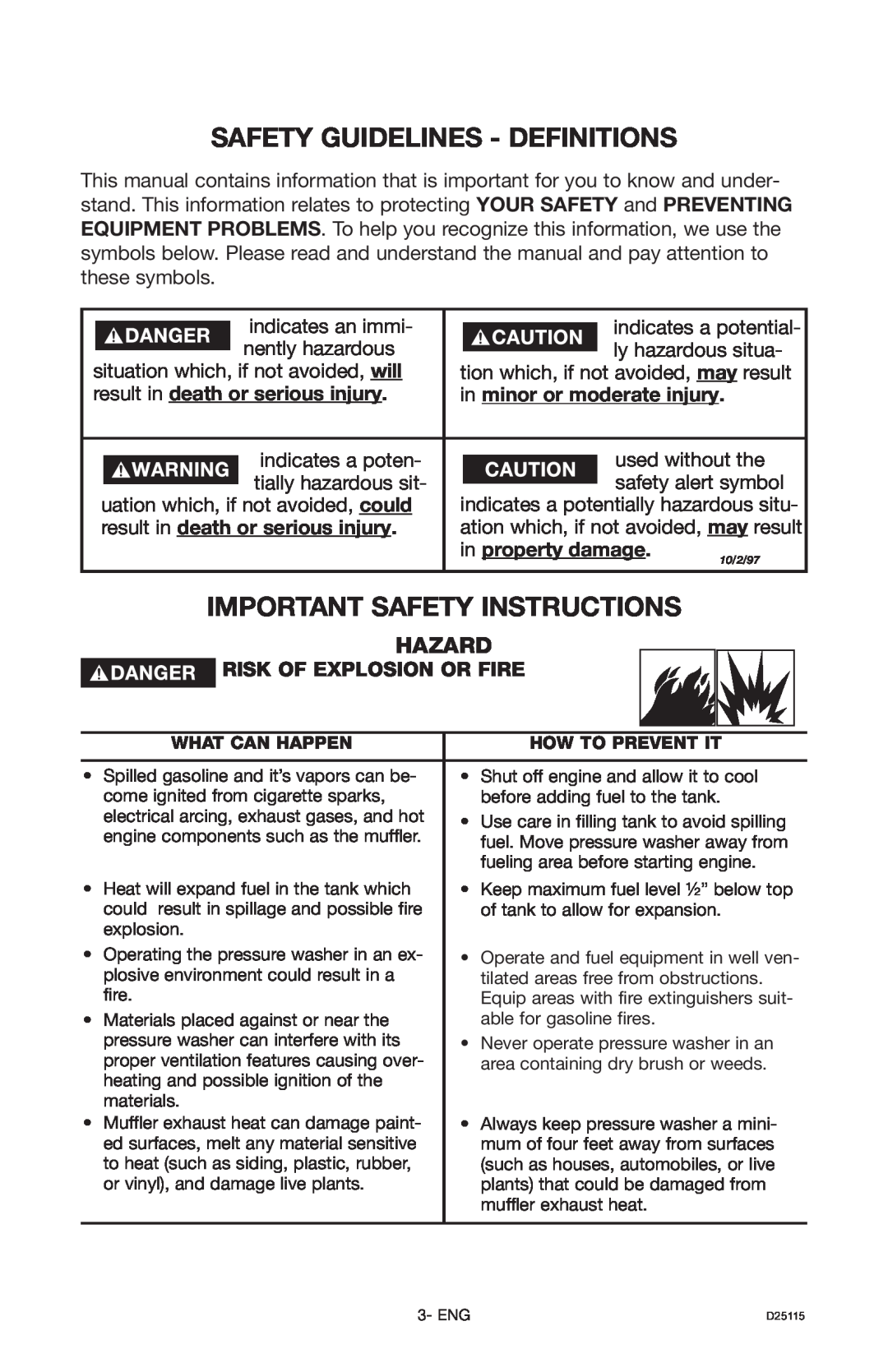 Porter-Cable D25115-0112-0, PC2525SP Safety Guidelines - Definitions, Important Safety Instructions, Hazard 
