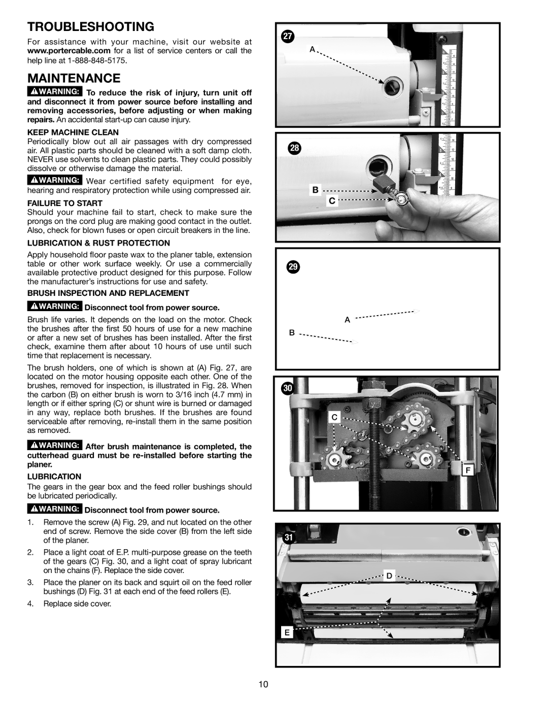 Porter-Cable PC305TP Troubleshooting, Maintenance, Keep Machine Clean, Failure to Start, Lubrication & Rust Protection 