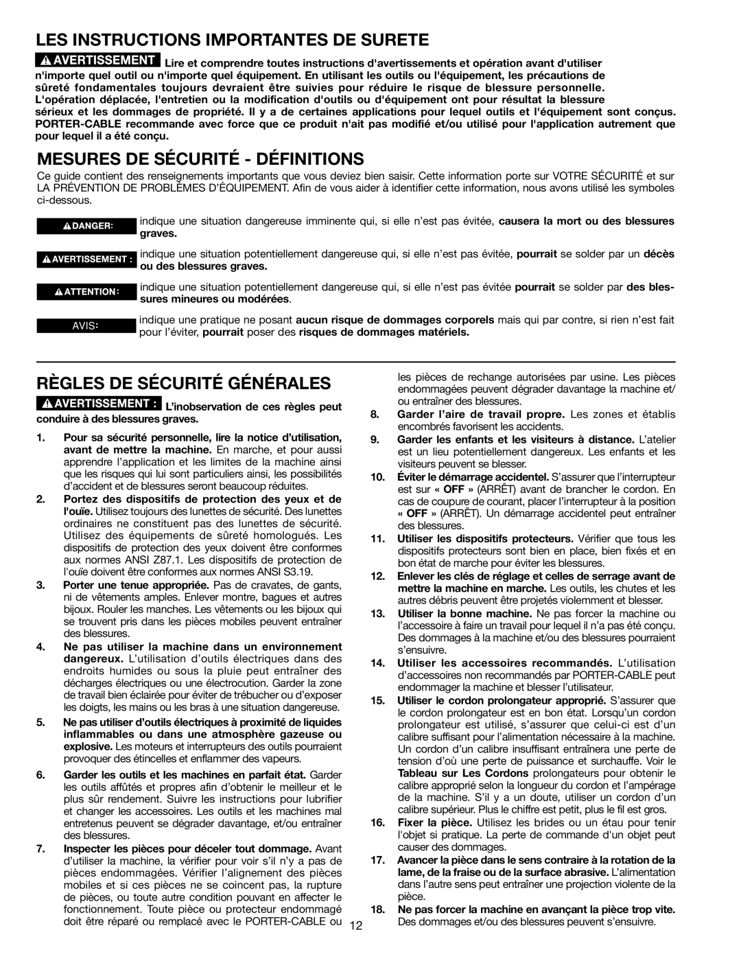 Porter-Cable PC305TP LES Instructions Importantes DE Surete, Mesures DE Sécurité Définitions, Règles DE Sécurité Générales 