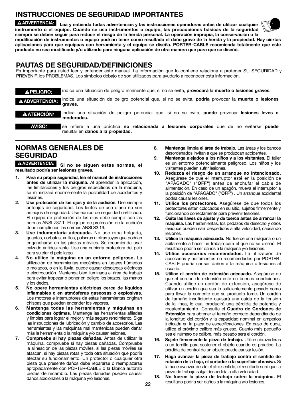 Porter-Cable PC305TP instruction manual Instrucciones DE Seguridad Importantes, Pautas DE SEGURIDAD/DEFINICIONES 