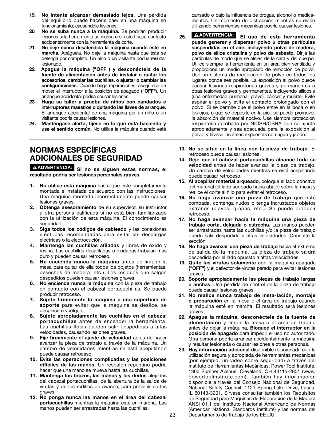 Porter-Cable PC305TP instruction manual Normas Específicas Adicionales DE Seguridad 