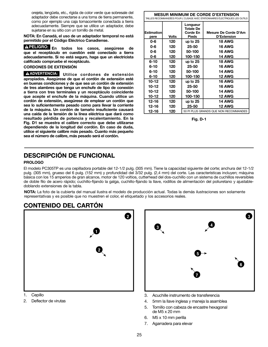 Porter-Cable PC305TP instruction manual Descripción DE Funcional, Contenido DEL Cartón, Cordones DE Extensión, Prologo 