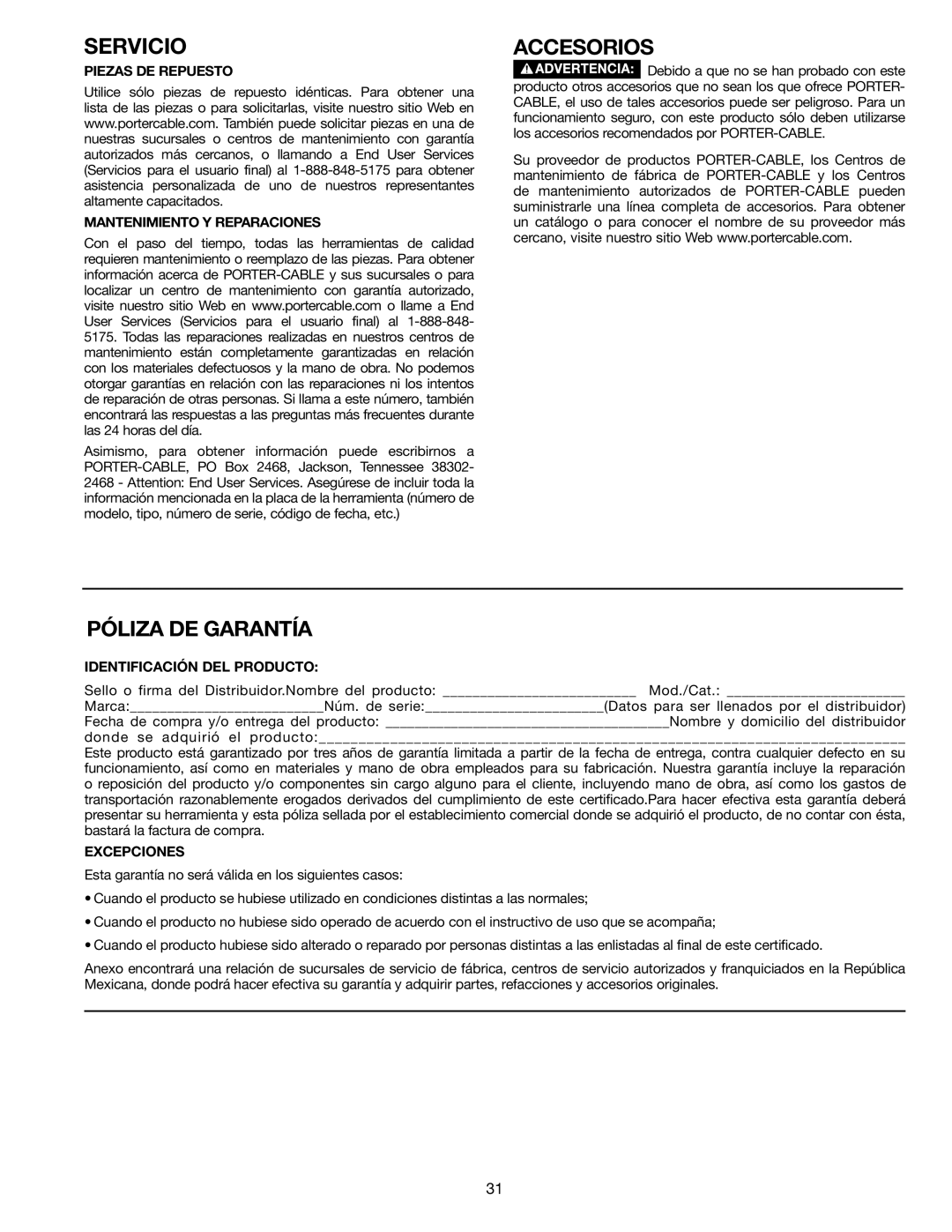 Porter-Cable PC305TP Servicio, Piezas DE Repuesto Mantenimiento Y Reparaciones, Identificación DEL Producto, Excepciones 