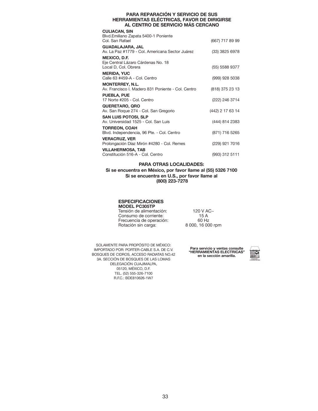 Porter-Cable instruction manual Para Otras Localidades, Model PC305TP 