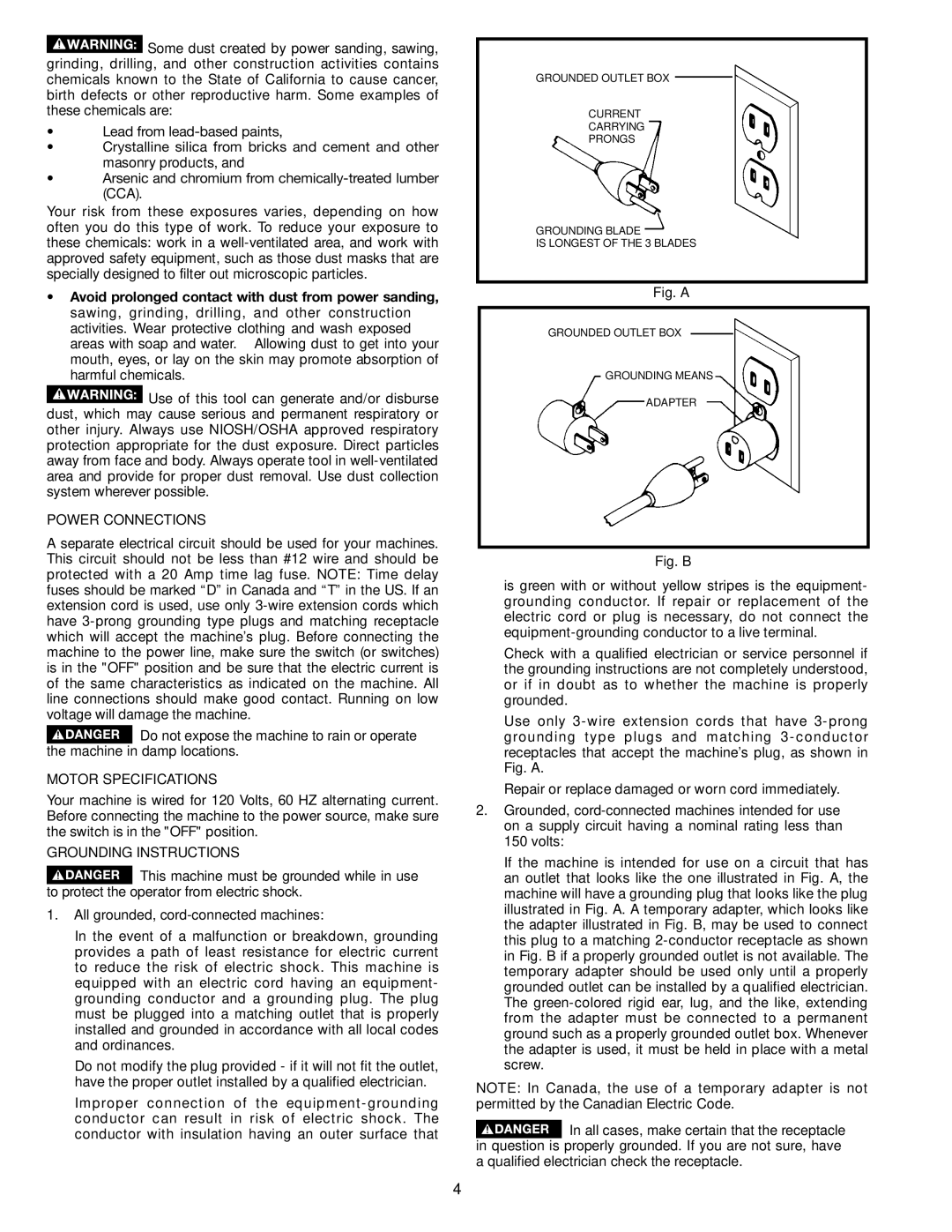 Porter-Cable PC305TP instruction manual Power Connections, Motor Specifications, Grounding Instructions 