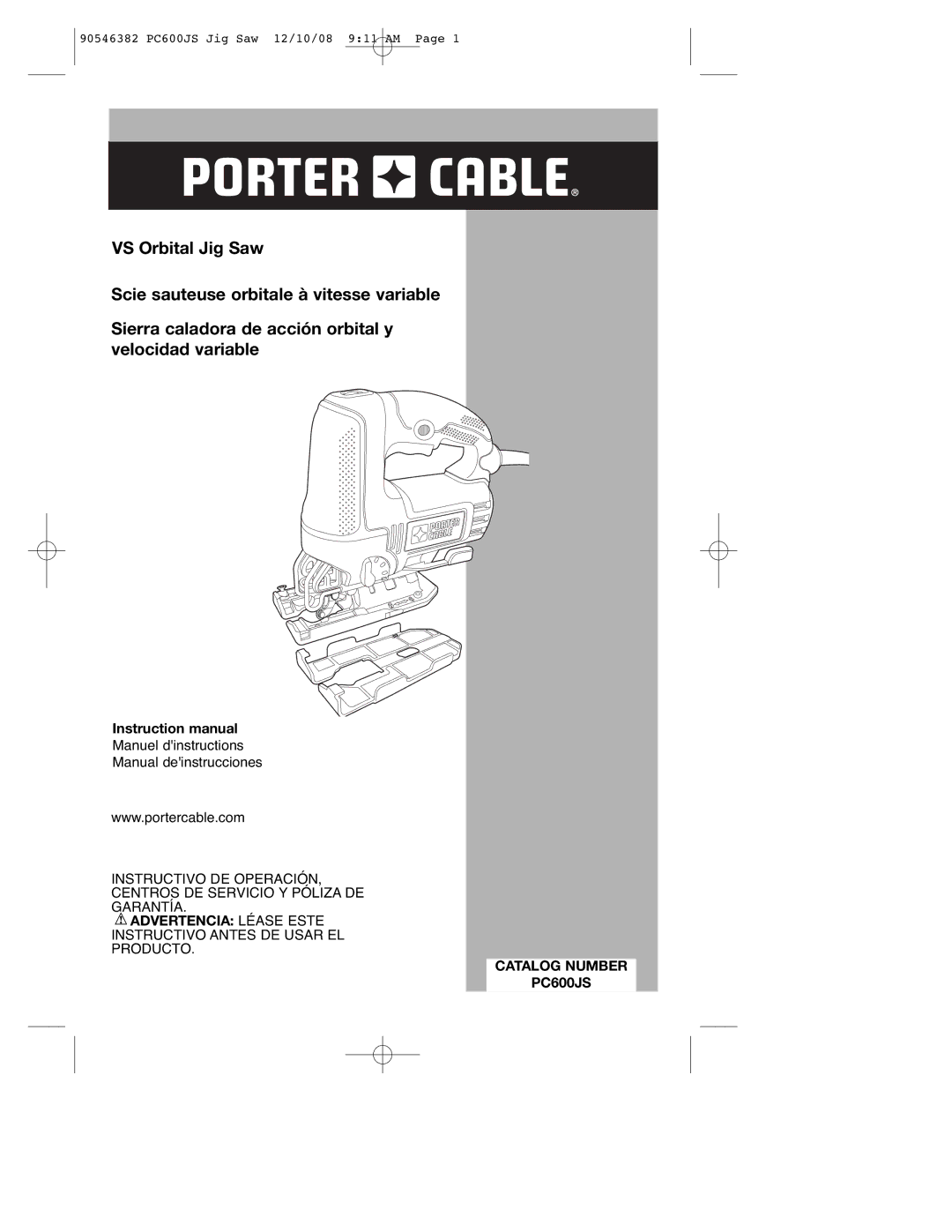 Porter-Cable 90546382 instruction manual Advertencia Léase Este, Catalog Number PC600JS 