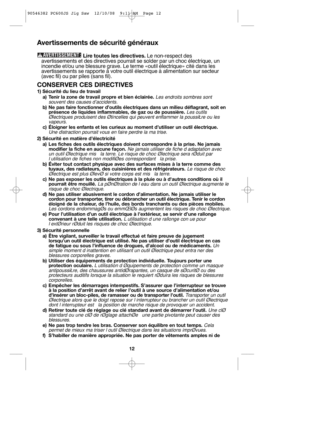 Porter-Cable PC600JS, 90546382 instruction manual Avertissements de sécurité généraux, Conserver CES Directives 