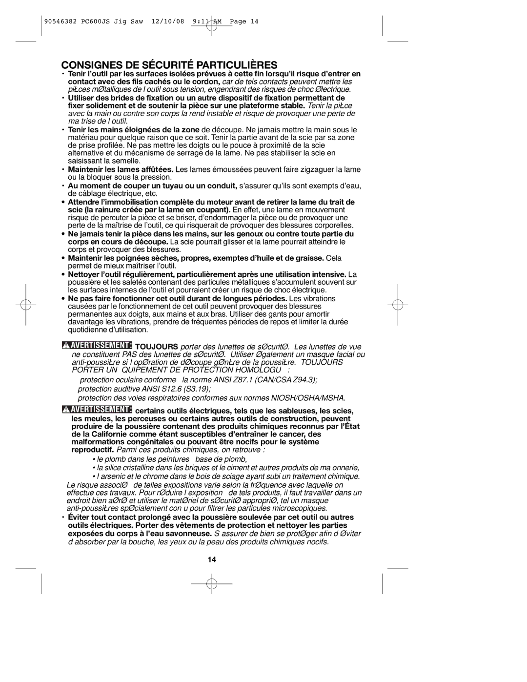 Porter-Cable PC600JS, 90546382 instruction manual Consignes DE Sécurité Particulières 