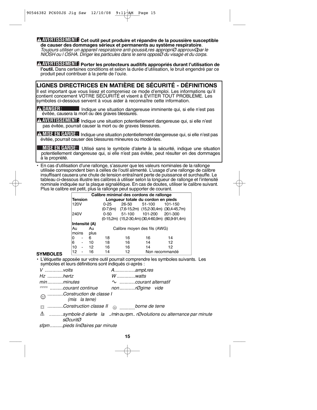 Porter-Cable 90546382, PC600JS instruction manual Lignes Directrices EN Matière DE Sécurité Définitions, Symboles 