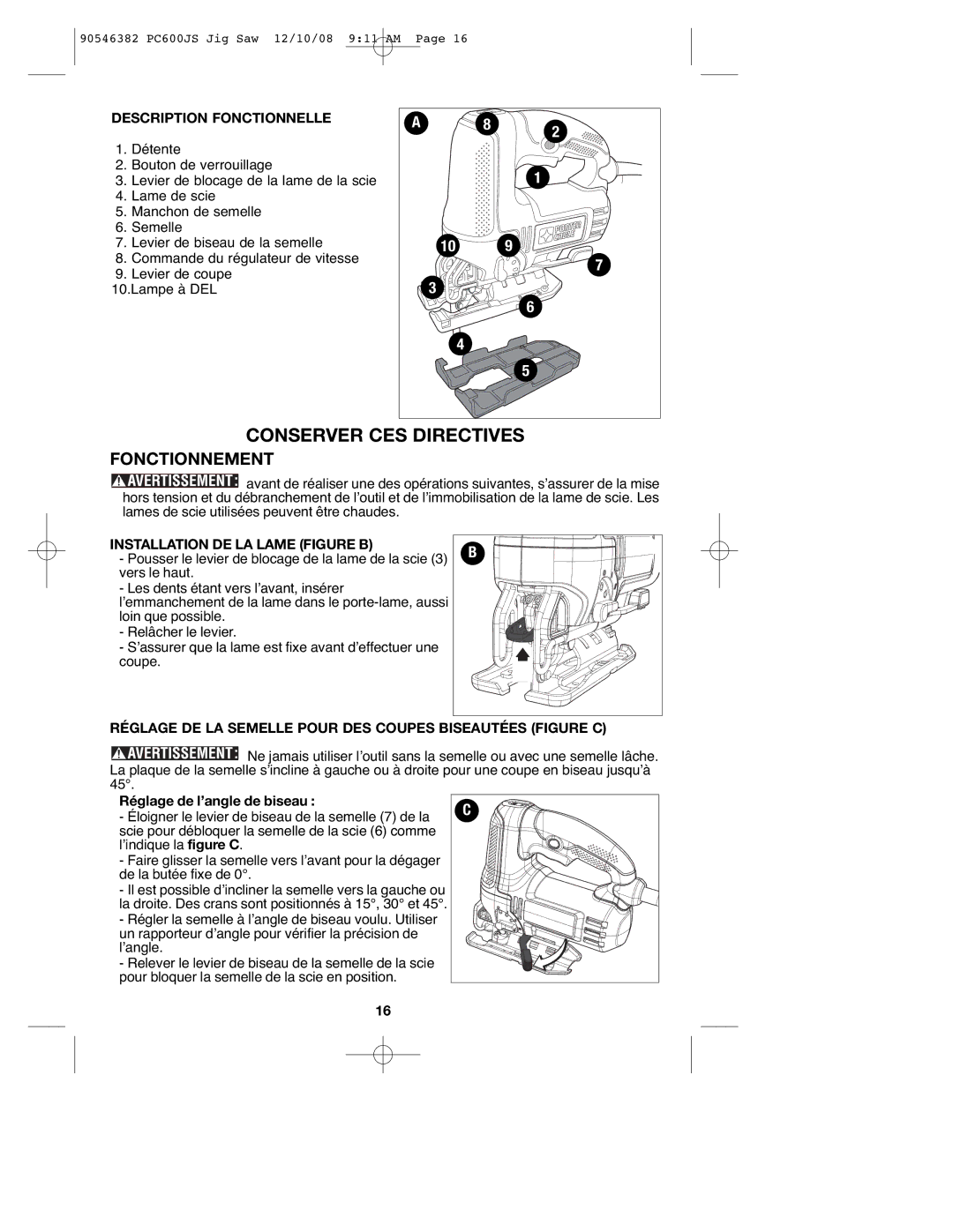 Porter-Cable PC600JS, 90546382 Fonctionnement, Description Fonctionnelle, Installation DE LA Lame Figure B 