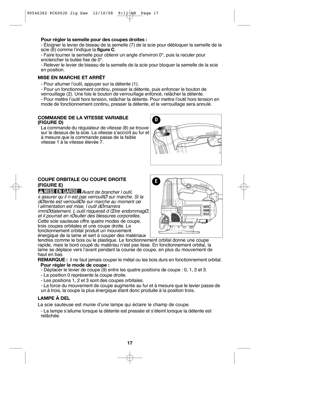 Porter-Cable 90546382, PC600JS Pour régler la semelle pour des coupes droites, Mise EN Marche ET Arrêt, Lampe À DEL 