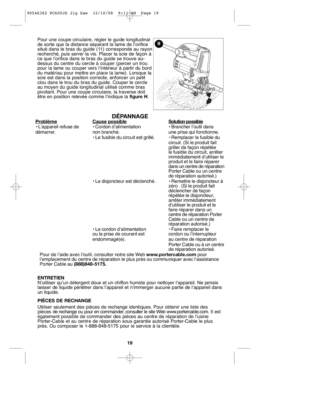 Porter-Cable 90546382, PC600JS Dépannage, Problème Cause possible Solution possible, Entretien, Pièces DE Rechange 