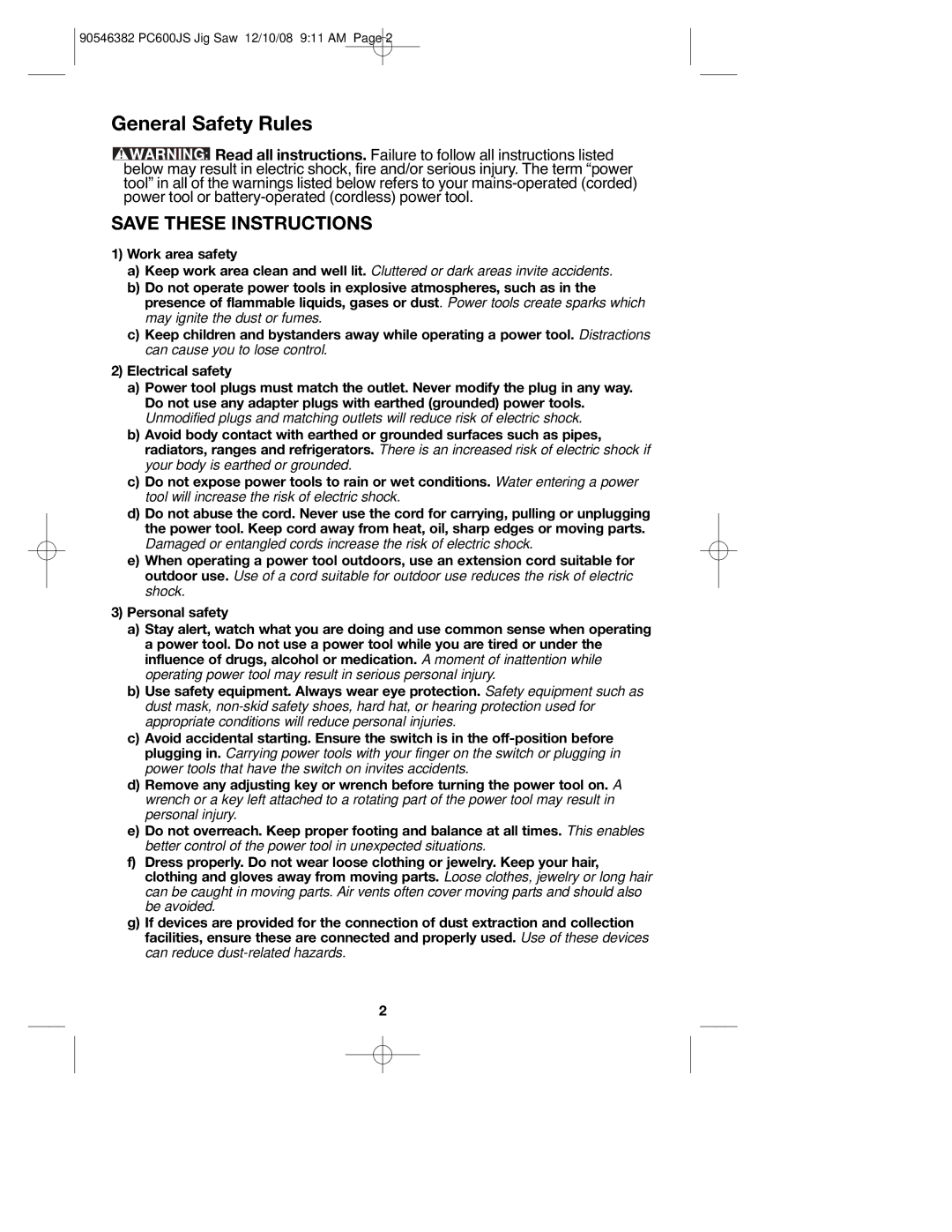 Porter-Cable PC600JS, 90546382 instruction manual General Safety Rules, Work area safety 