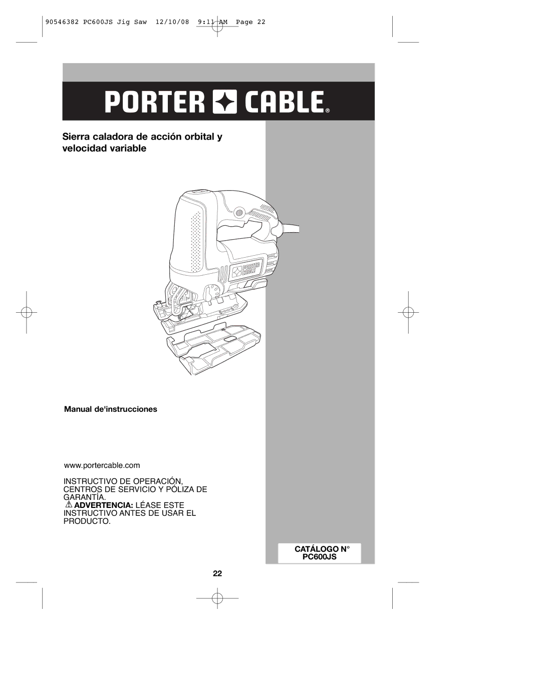 Porter-Cable 90546382 instruction manual Manual deinstrucciones, Catálogo N PC600JS 