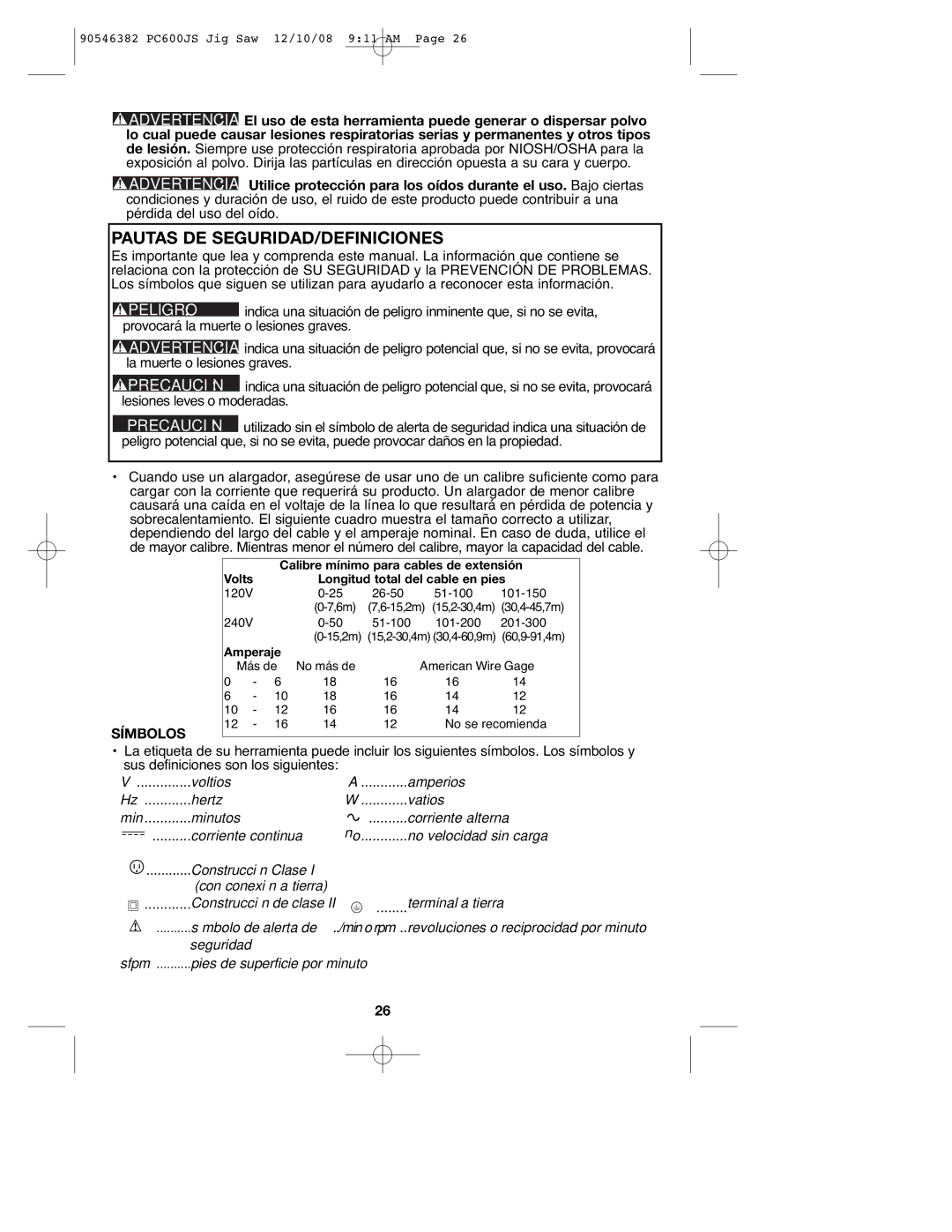 Porter-Cable PC600JS, 90546382 instruction manual Pautas DE SEGURIDAD/DEFINICIONES, Símbolos 