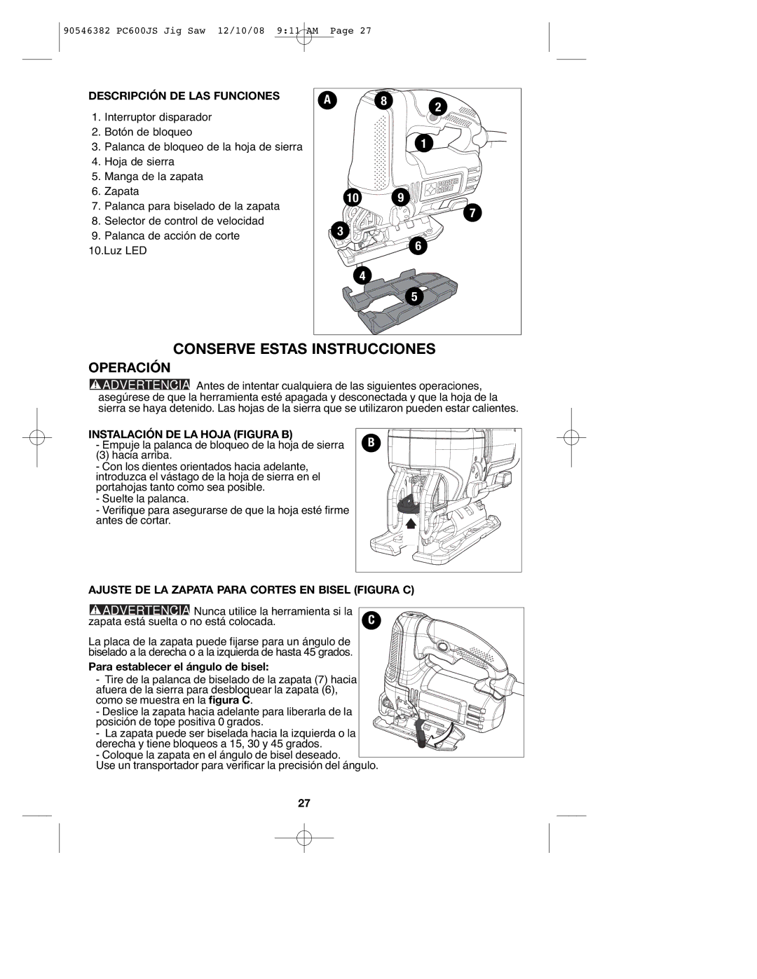 Porter-Cable 90546382, PC600JS instruction manual Operación, Descripción DE LAS Funciones, Instalación DE LA Hoja Figura B 