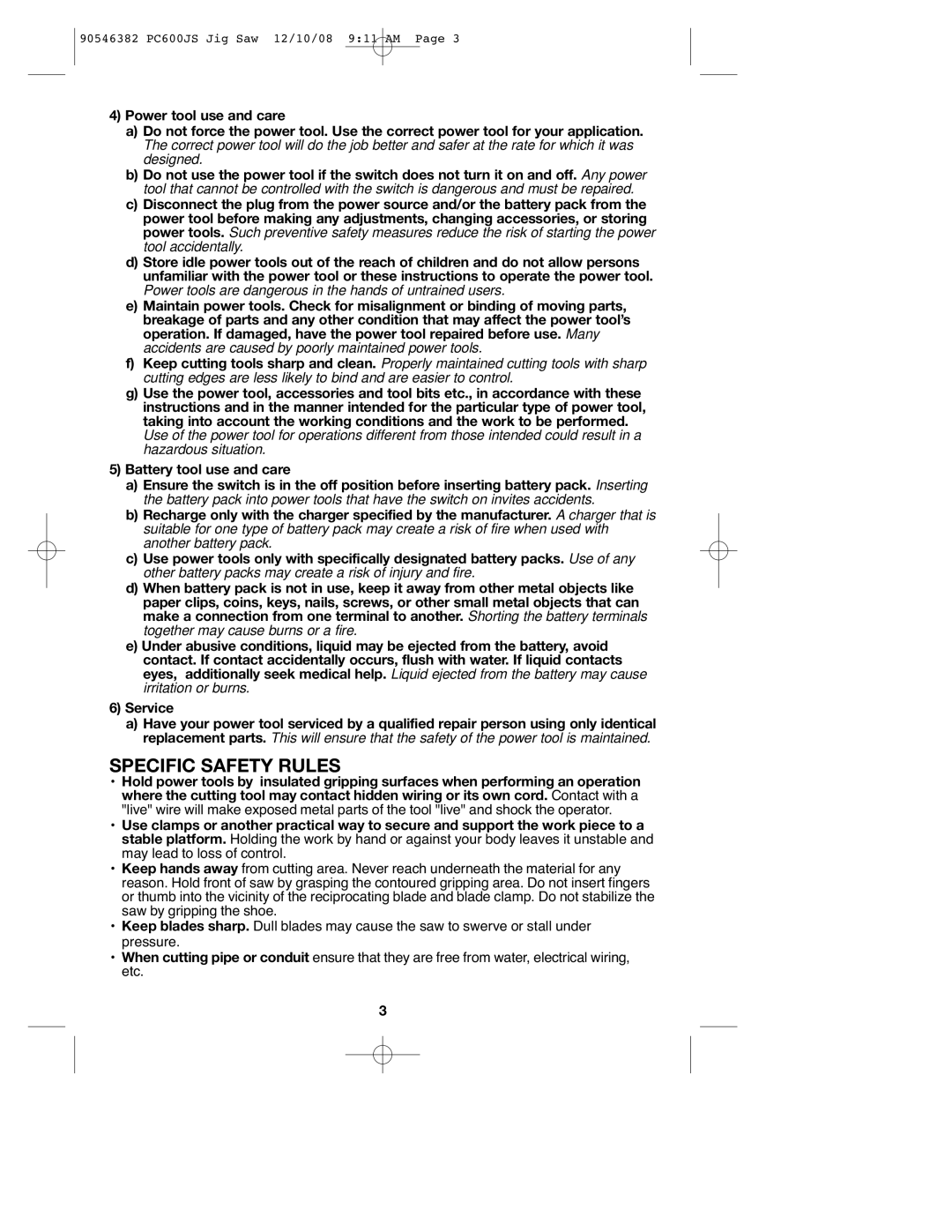 Porter-Cable 90546382, PC600JS instruction manual Specific Safety Rules 