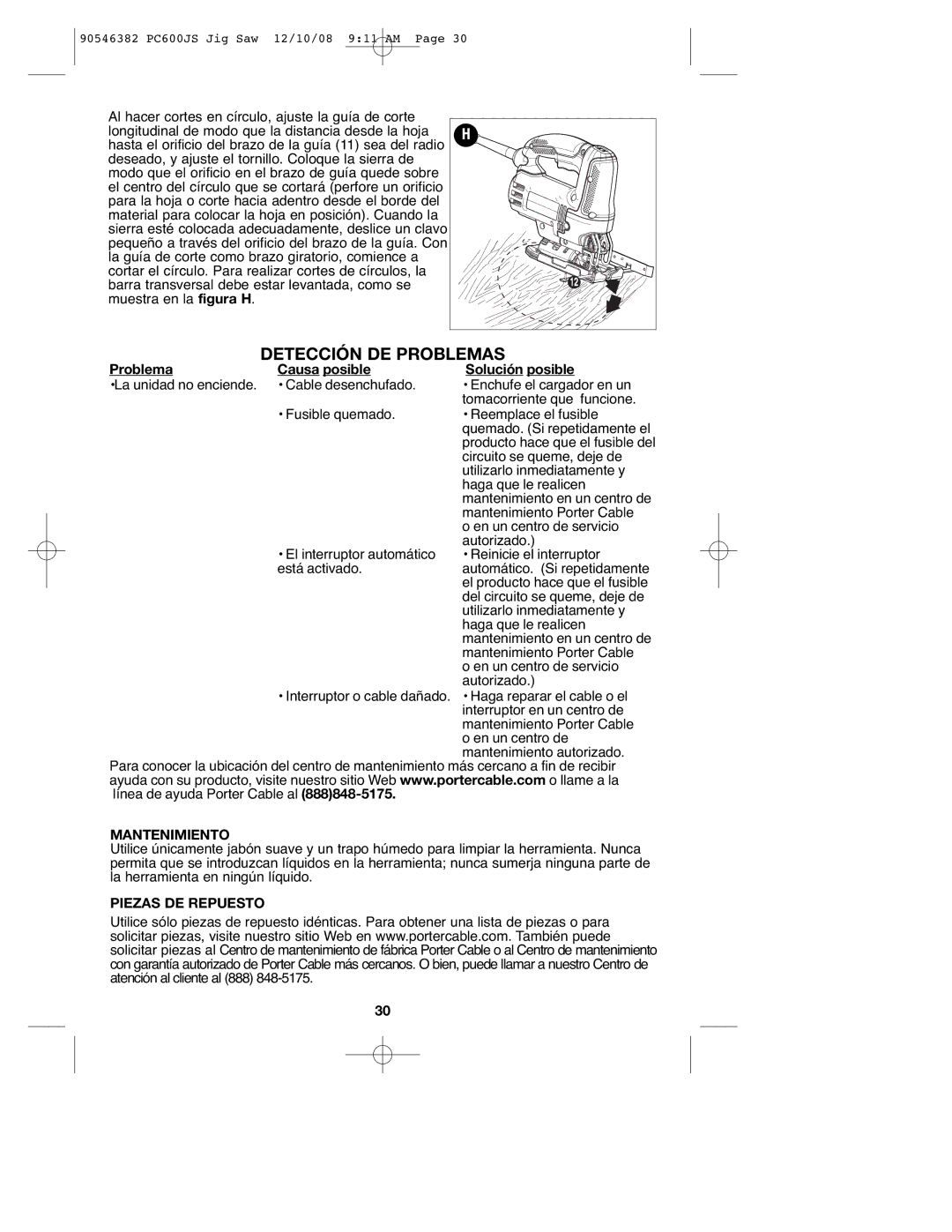 Porter-Cable PC600JS Detección DE Problemas, Problema Causa posible Solución posible, Mantenimiento, Piezas DE Repuesto 