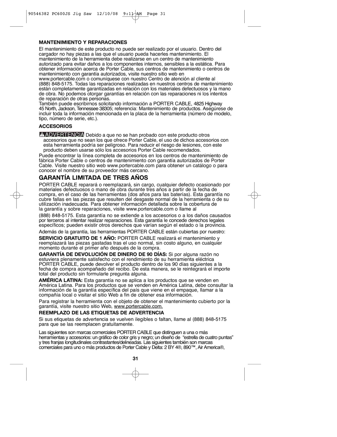 Porter-Cable 90546382, PC600JS instruction manual Garantía Limitada DE Tres Años, Mantenimiento Y Reparaciones, Accesorios 