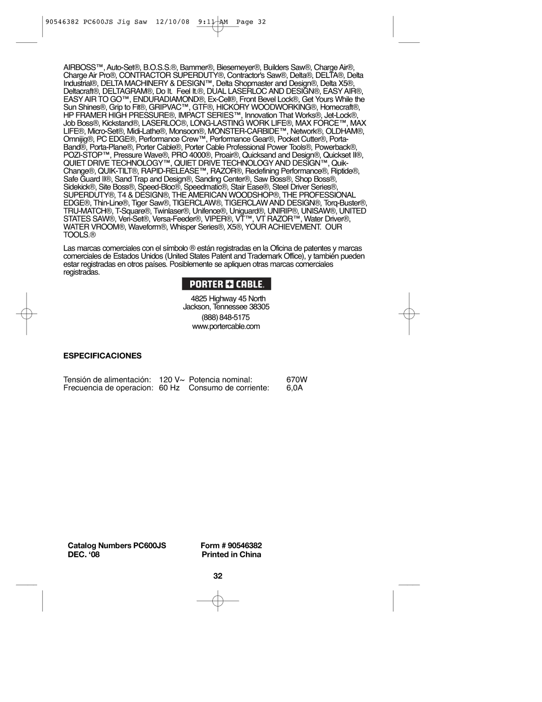 Porter-Cable 90546382 instruction manual Especificaciones, Catalog Numbers PC600JS, DEC. ‘08 