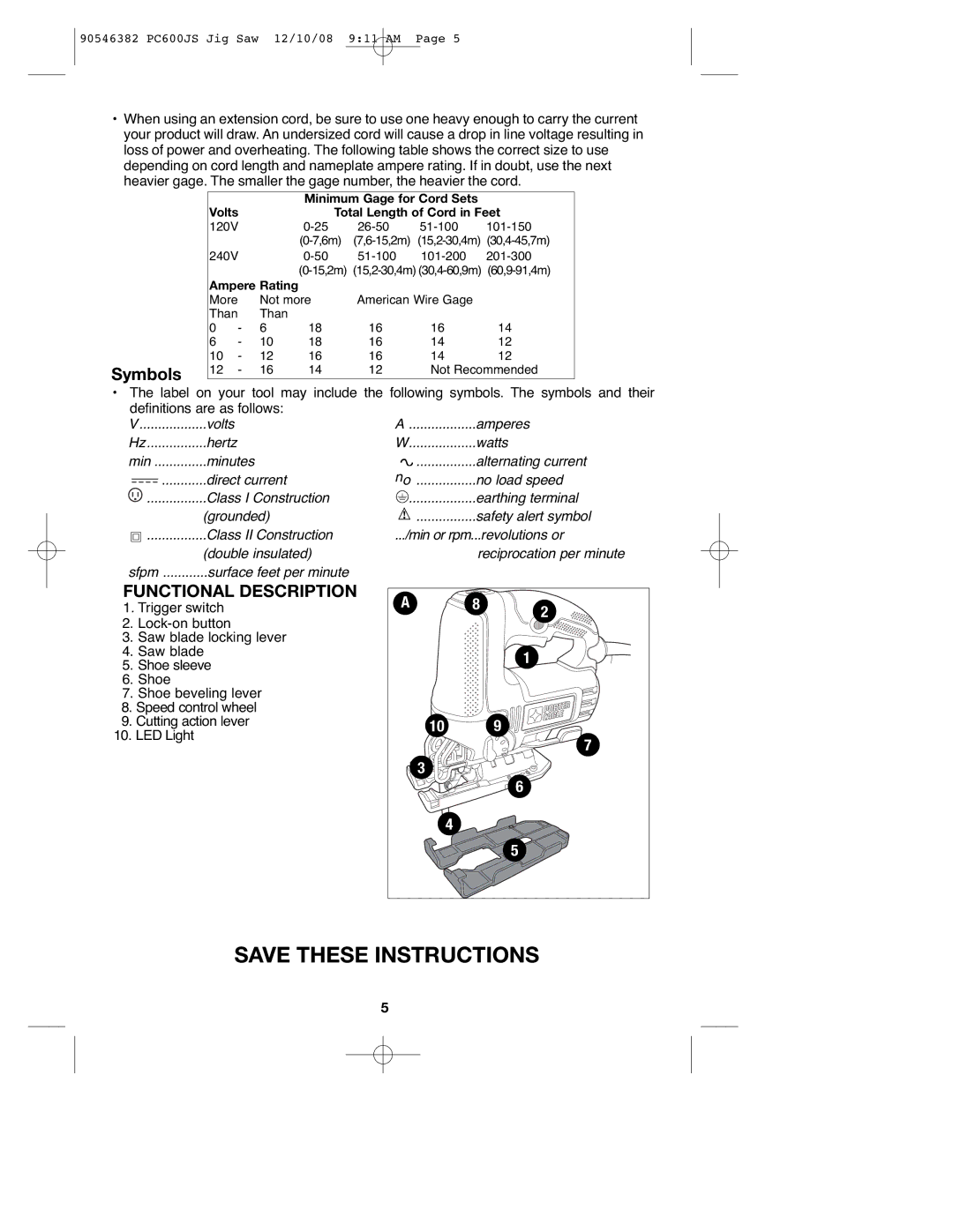 Porter-Cable 90546382, PC600JS instruction manual Symbols, Functional Description 