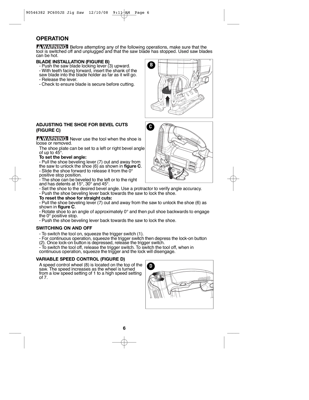 Porter-Cable PC600JS, 90546382 Operation, Blade Installation Figure B, Adjusting the Shoe for Bevel Cuts Figure C 