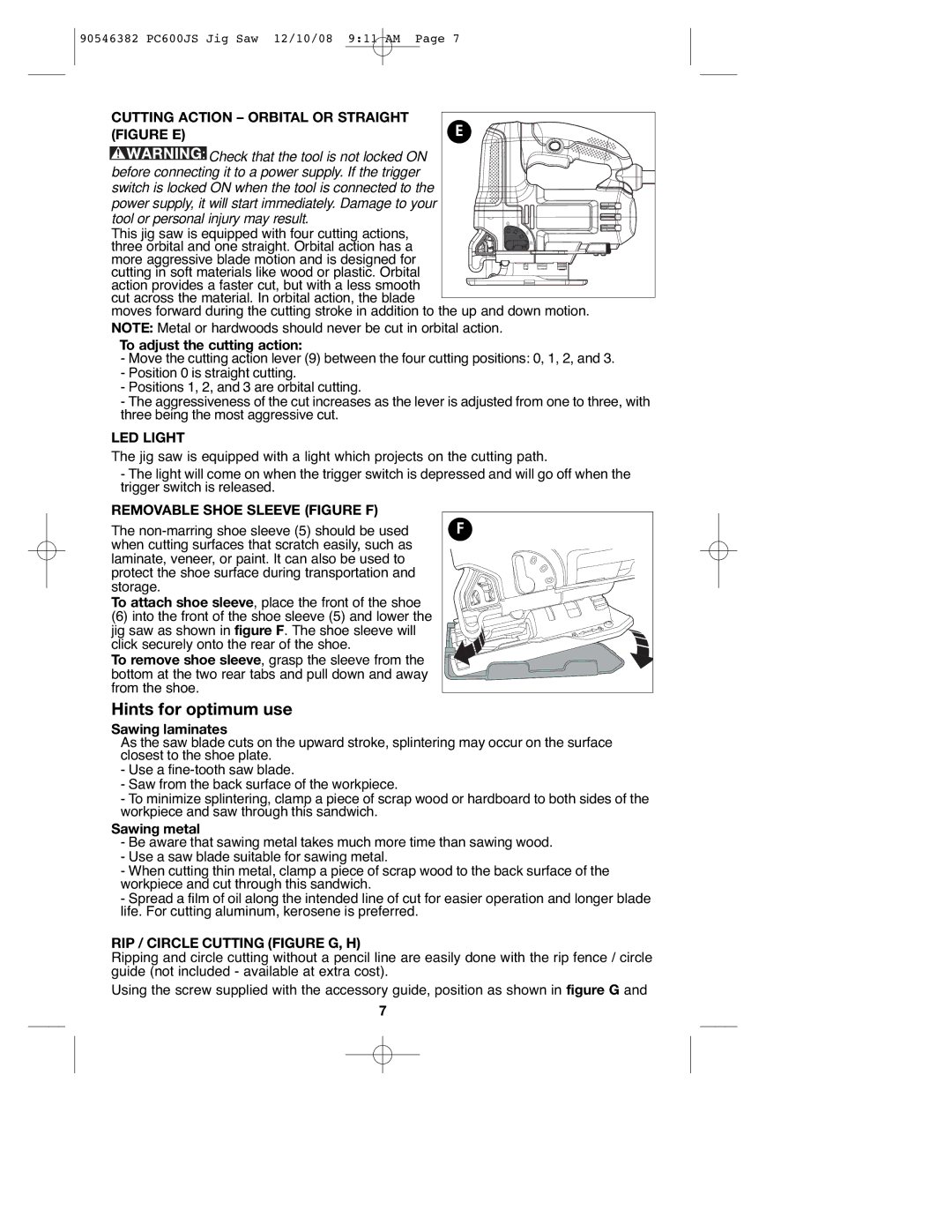 Porter-Cable 90546382, PC600JS LED Light, Removable Shoe Sleeve Figure F, RIP / Circle Cutting Figure G, H 