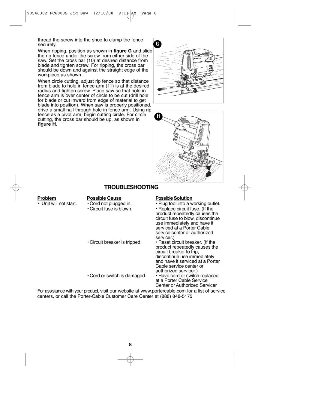 Porter-Cable PC600JS, 90546382 instruction manual Troubleshooting, Problem Possible Cause, Possible Solution 