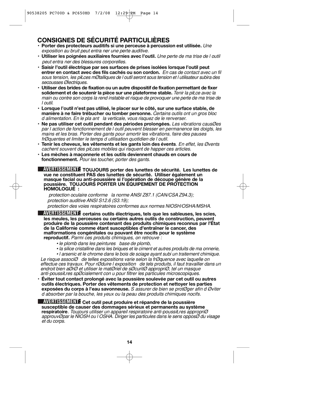 Porter-Cable PC700D, PC650HD instruction manual Consignes DE Sécurité Particulières 