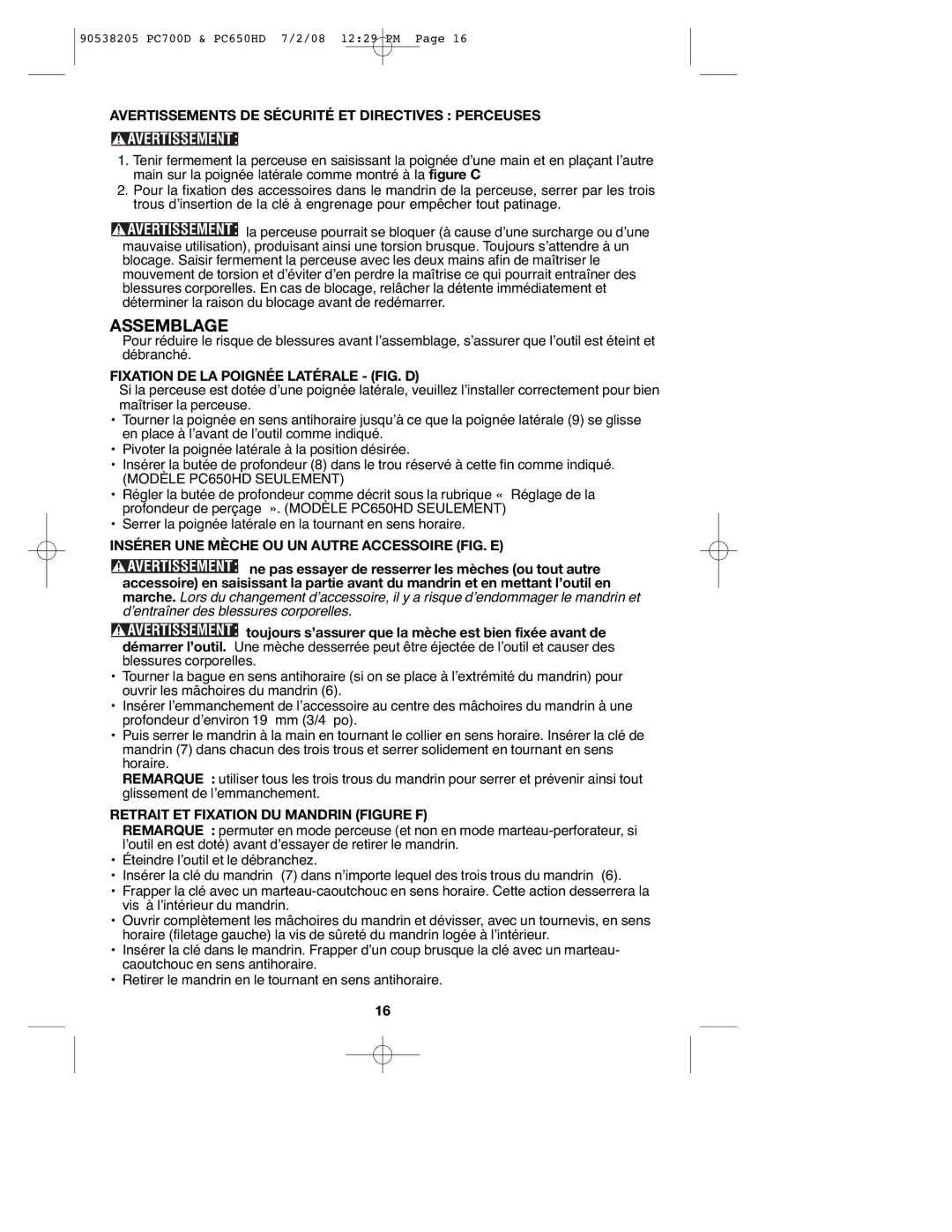 Porter-Cable PC700D Assemblage, Avertissements DE Sécurité ET Directives Perceuses, Fixation DE LA Poignée Latérale FIG. D 