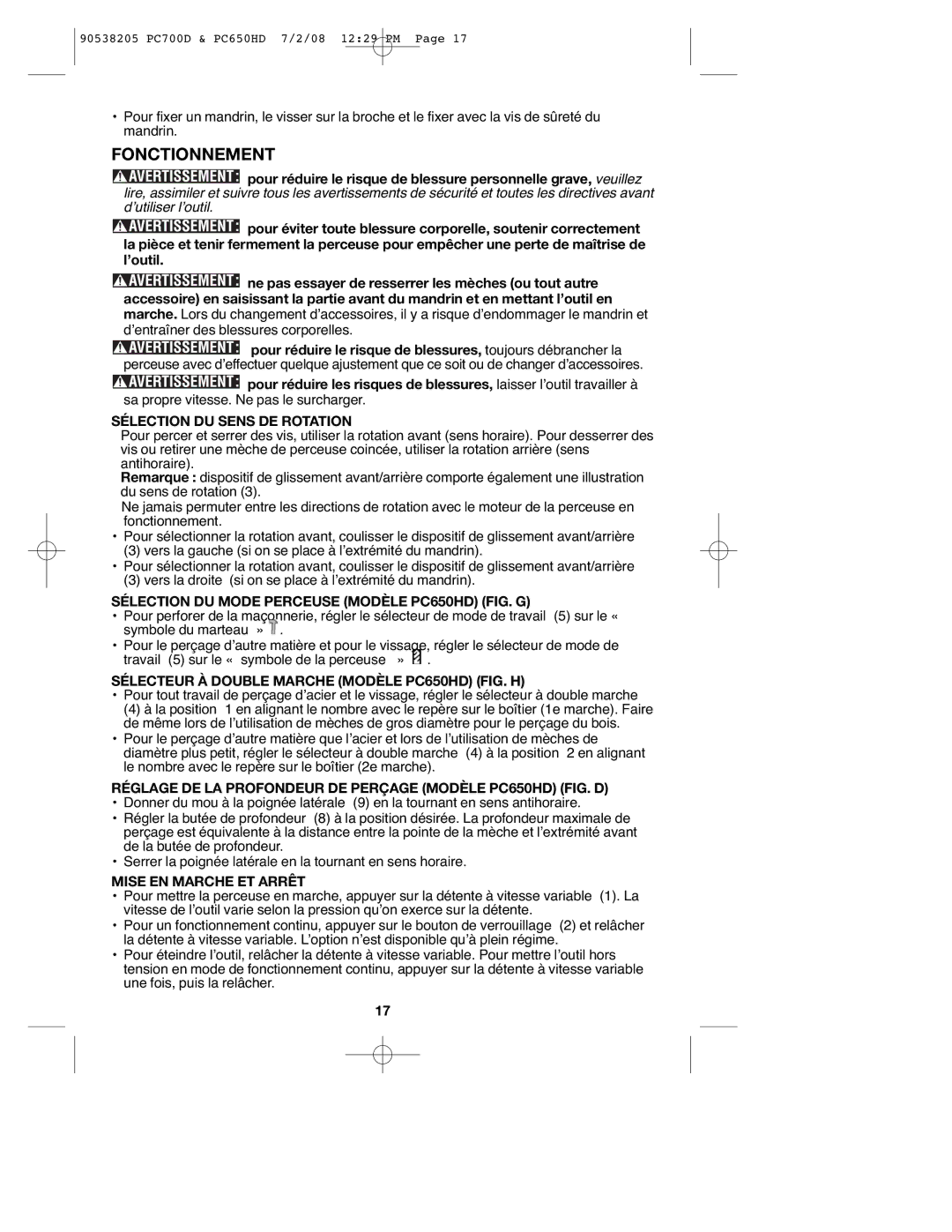 Porter-Cable PC650HD, PC700D instruction manual Fonctionnement 