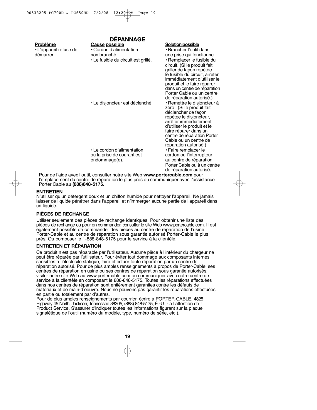 Porter-Cable PC650HD, PC700D instruction manual Dépannage, Problème Cause possible Solution possible, Entretien 