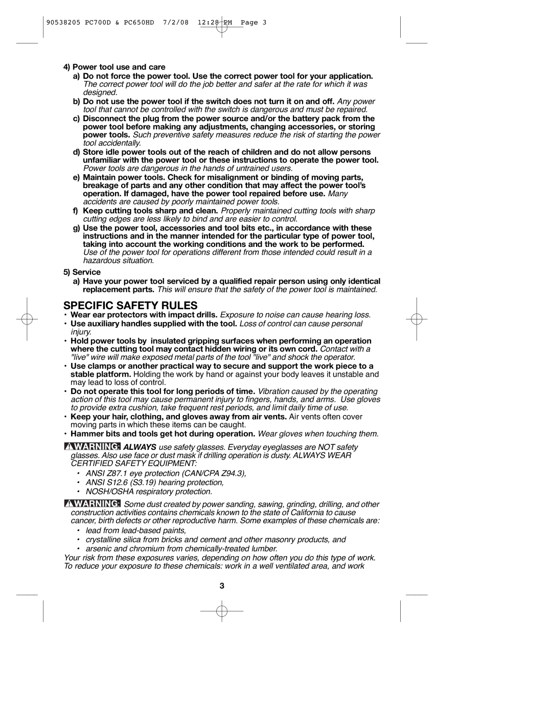 Porter-Cable PC650HD, PC700D instruction manual Specific Safety Rules 