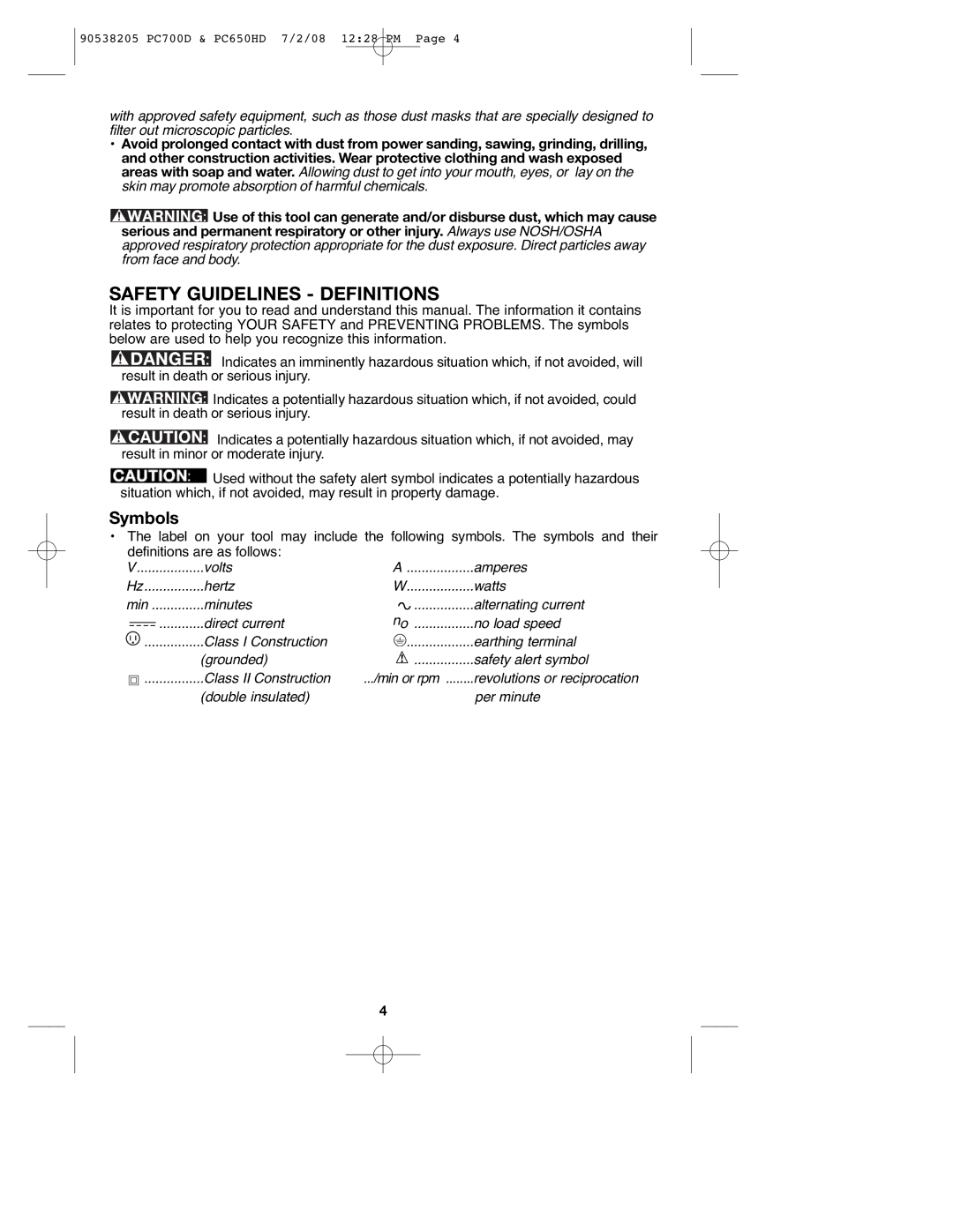 Porter-Cable PC700D, PC650HD instruction manual Volts Amperes Hertz Watts, Double insulated Per minute 