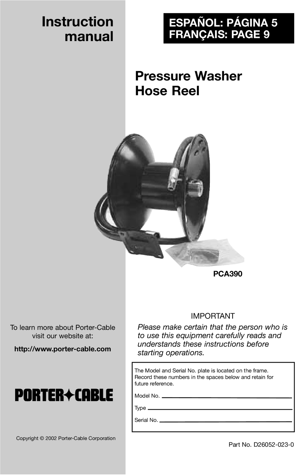 Porter-Cable D26052-023-0, PCA390 instruction manual Pressure Washer Hose Reel 