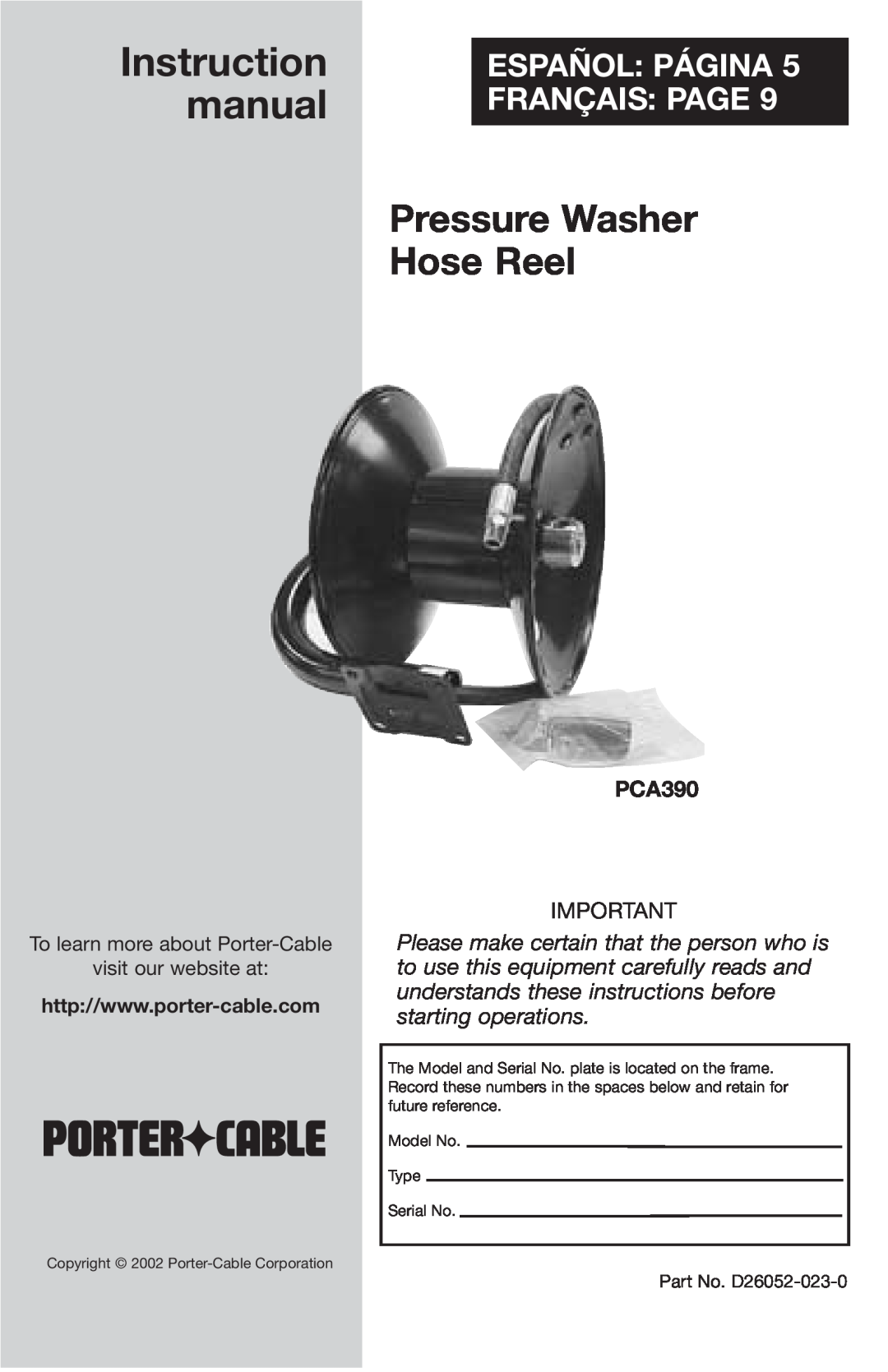 Porter-Cable D26052-023-0 instruction manual PCA390, Pressure Washer Hose Reel, Español Página Français Page 
