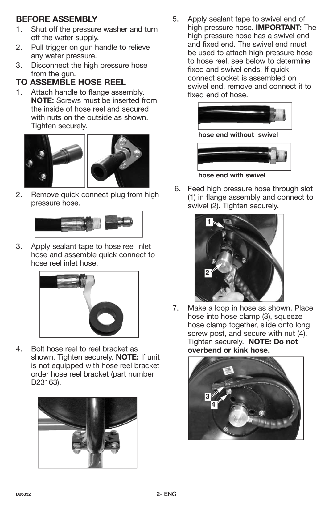 Porter-Cable PCA390, D26052-023-0 instruction manual Before Assembly, To Assemble Hose Reel 