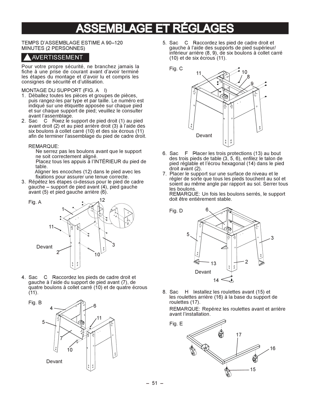 Porter-Cable PCB270TS instruction manual Assemblage ET Réglages, Temps D’ASSEMBLAGE Estime a, Minutes 2 Personnes, Remarque 