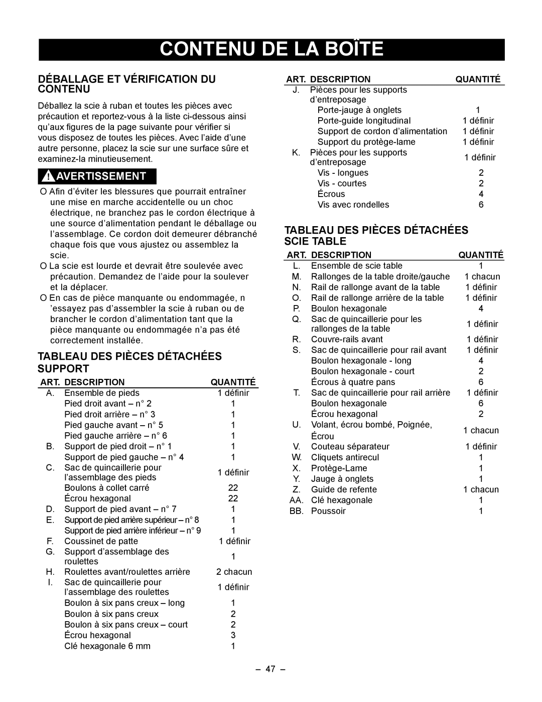 Porter-Cable PCB270TS instruction manual ART Description Quantité, ART. Description Quantité 