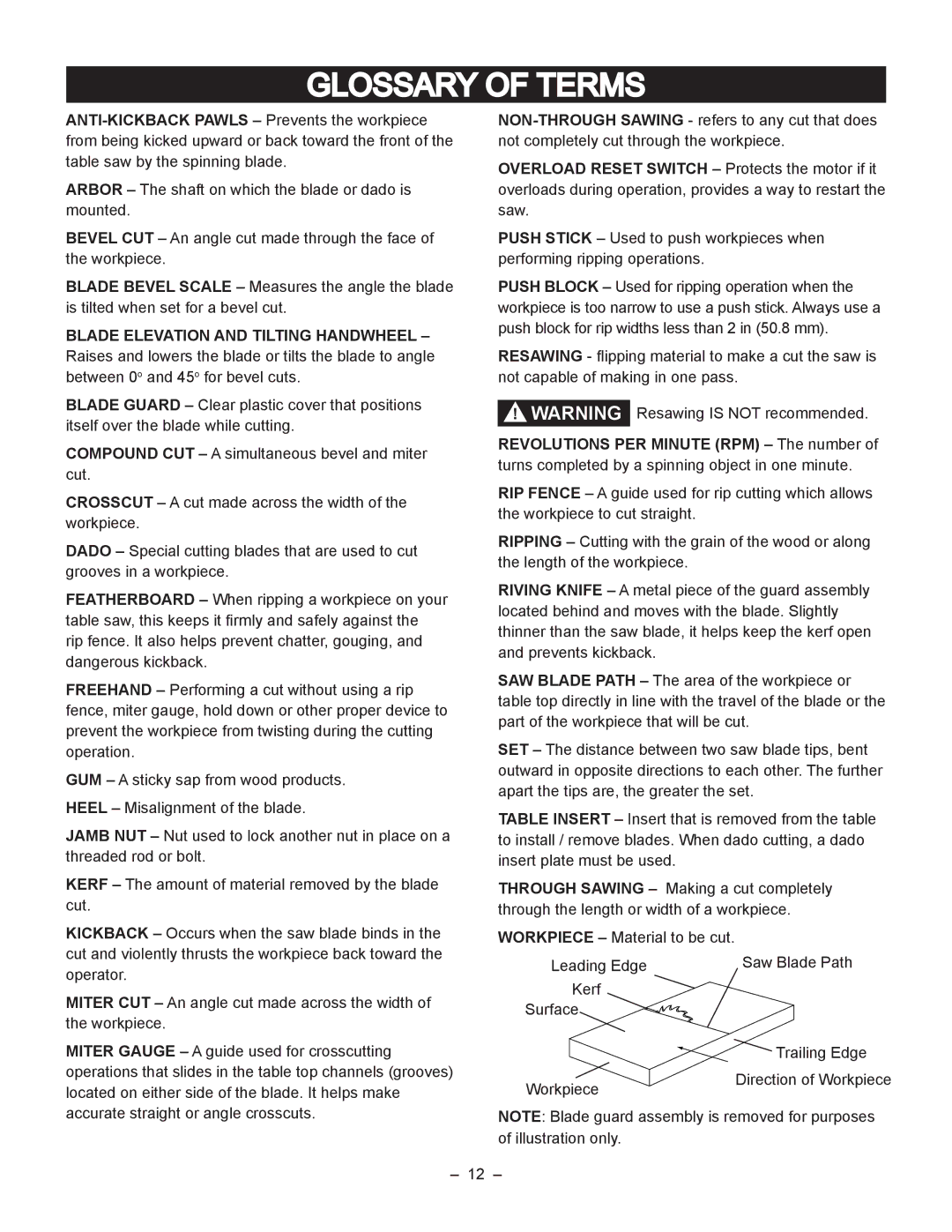 Porter-Cable PCB270TS instruction manual Glossary of Terms 