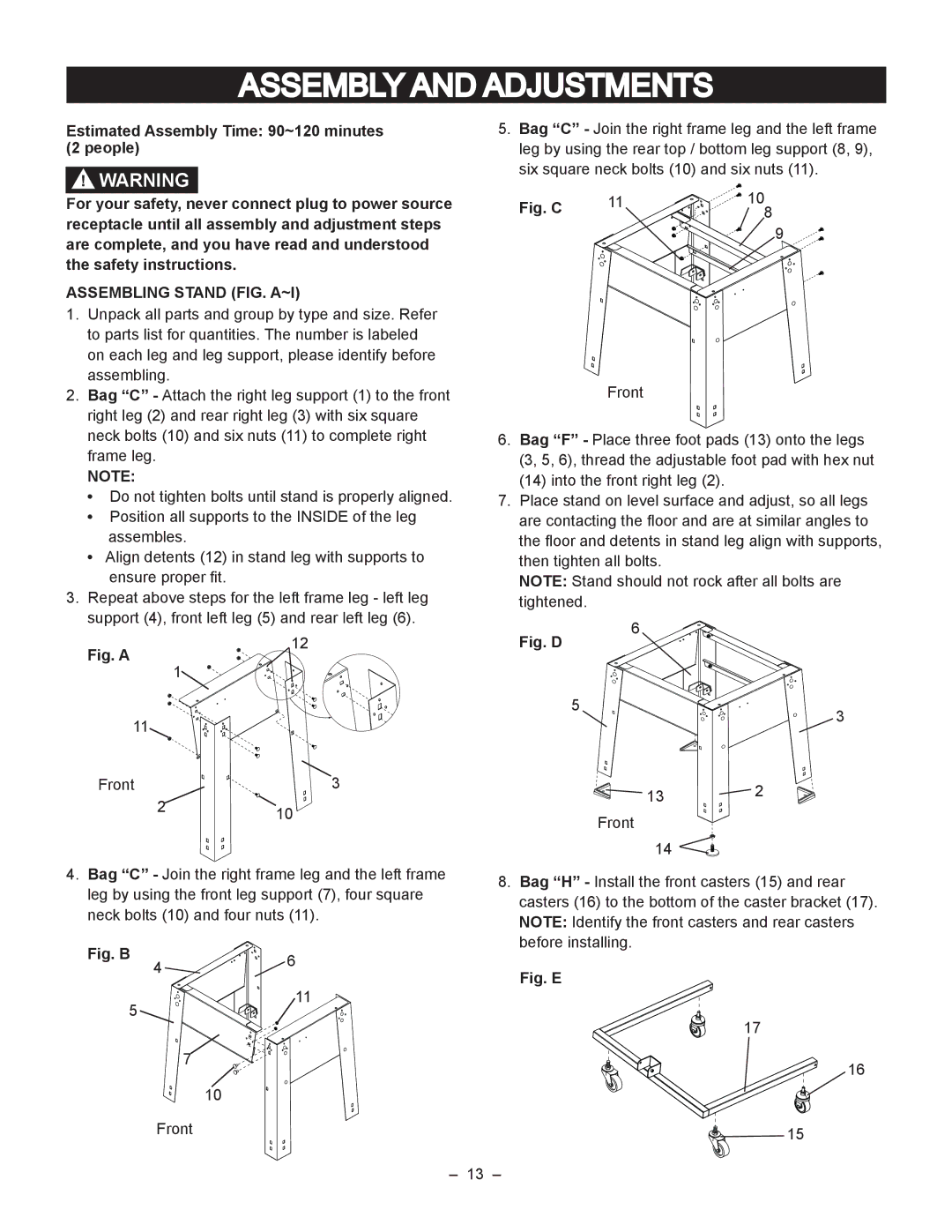 Porter-Cable PCB270TS instruction manual Assembly and Adjustments, Assembling Stand FIG. A~I 