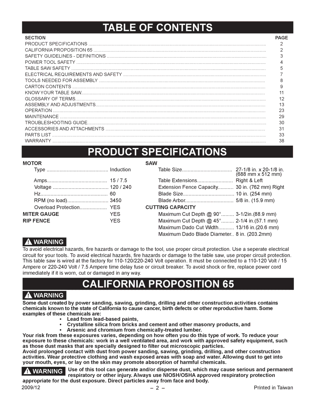 Porter-Cable PCB270TS instruction manual Table of Contents 