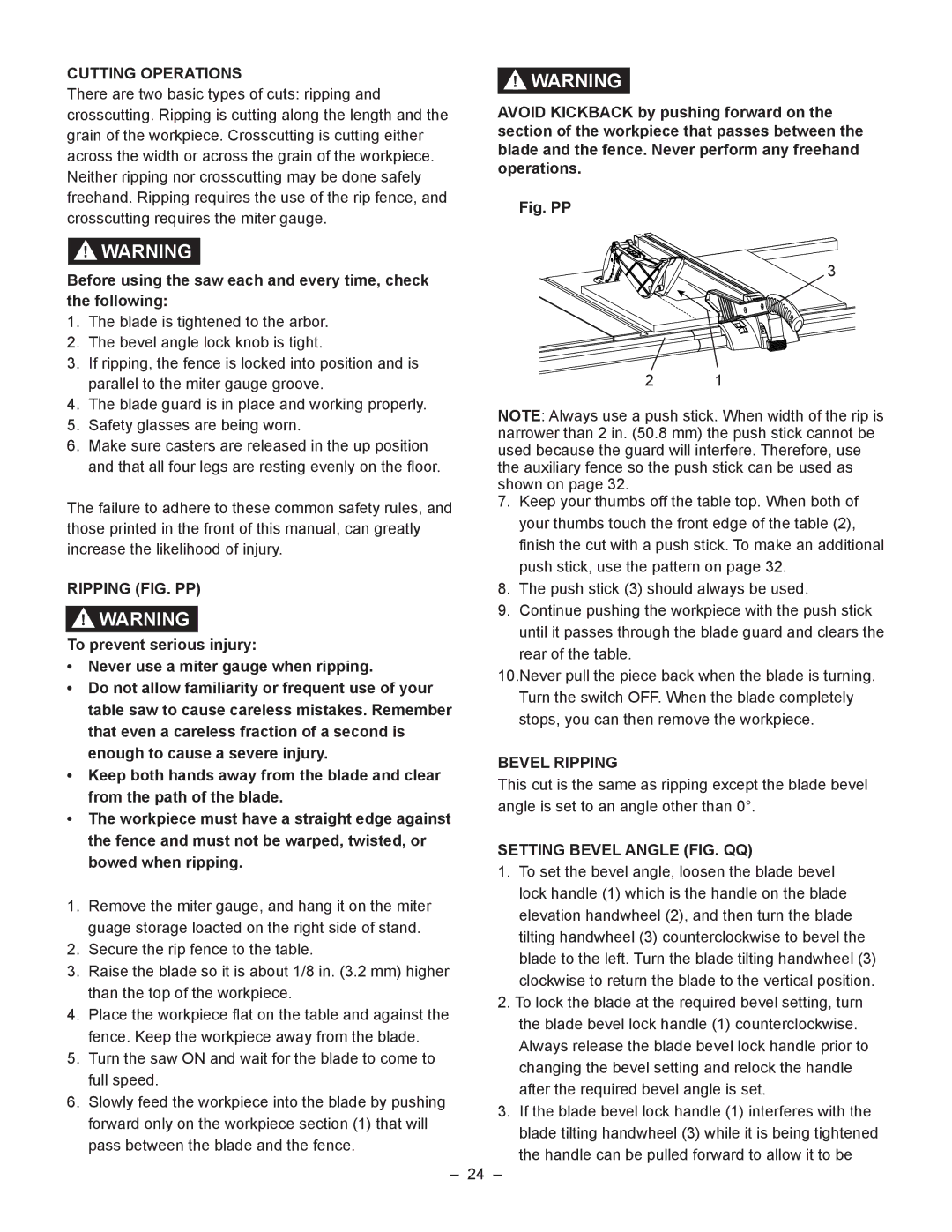 Porter-Cable PCB270TS instruction manual Cutting Operations, Ripping FIG. PP, Bevel Ripping, Setting Bevel Angle FIG. QQ 