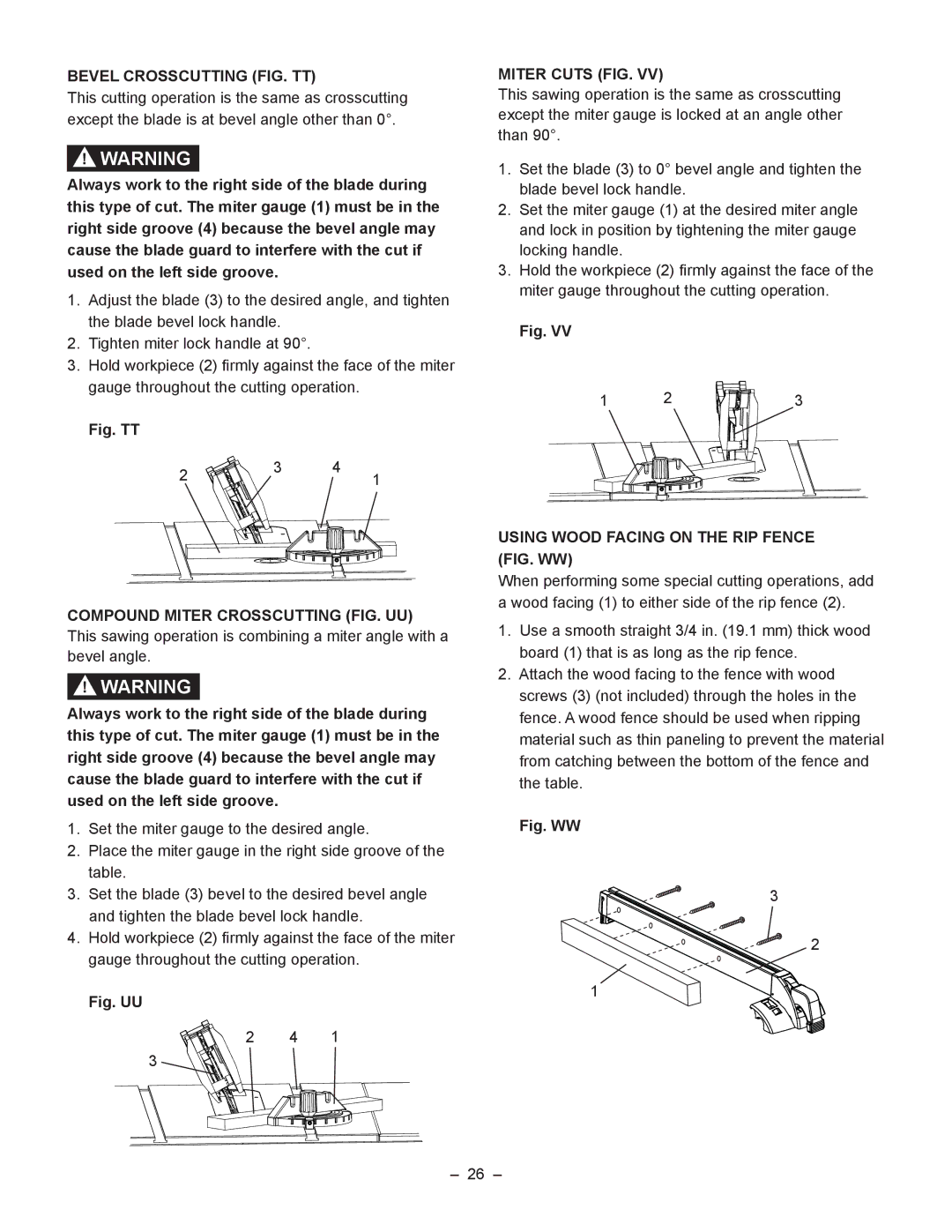 Porter-Cable PCB270TS Bevel Crosscutting FIG. TT, Miter Cuts FIG, Using Wood Facing on the RIP Fence FIG. WW 