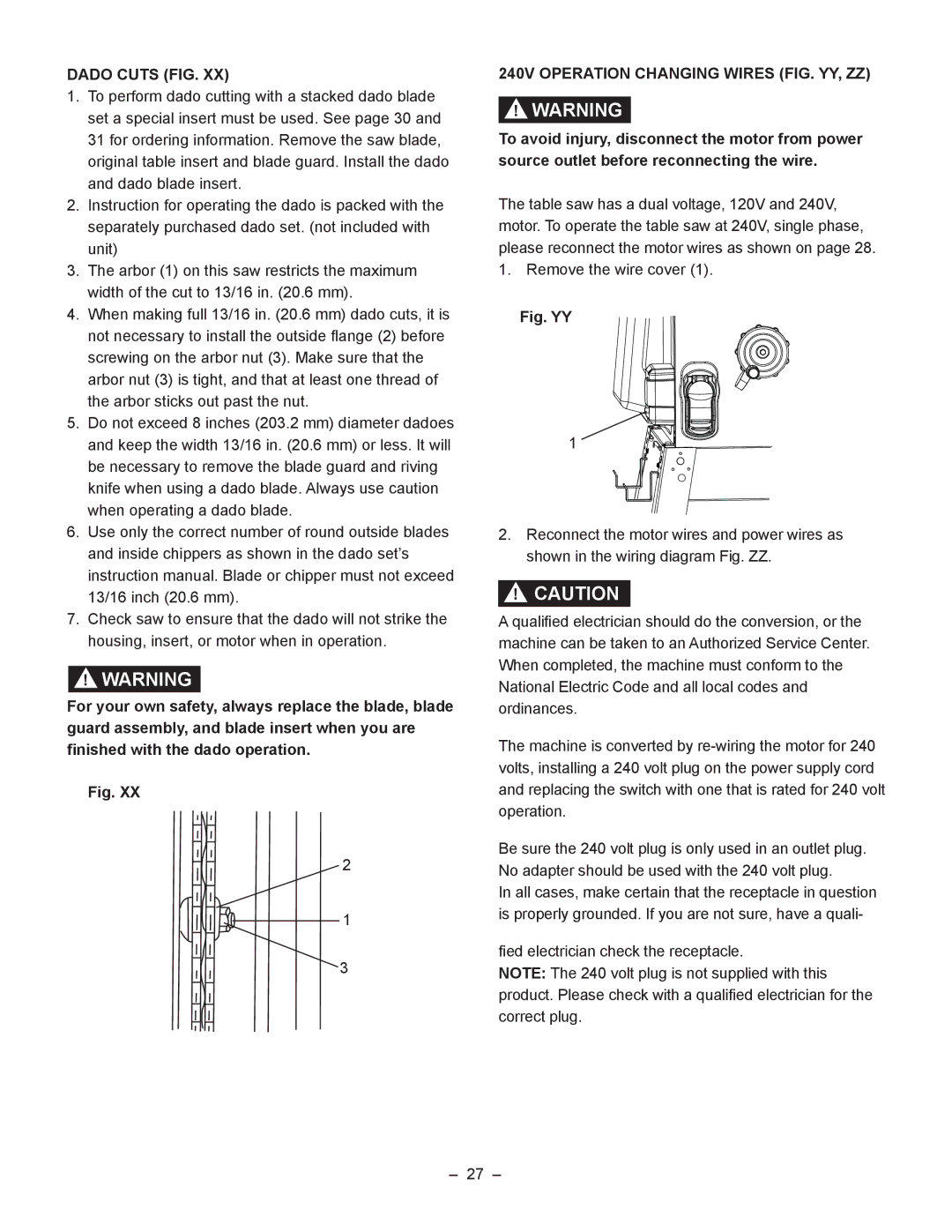 Porter-Cable PCB270TS instruction manual Dado Cuts FIG, 240V Operation Changing Wires FIG. YY, ZZ 