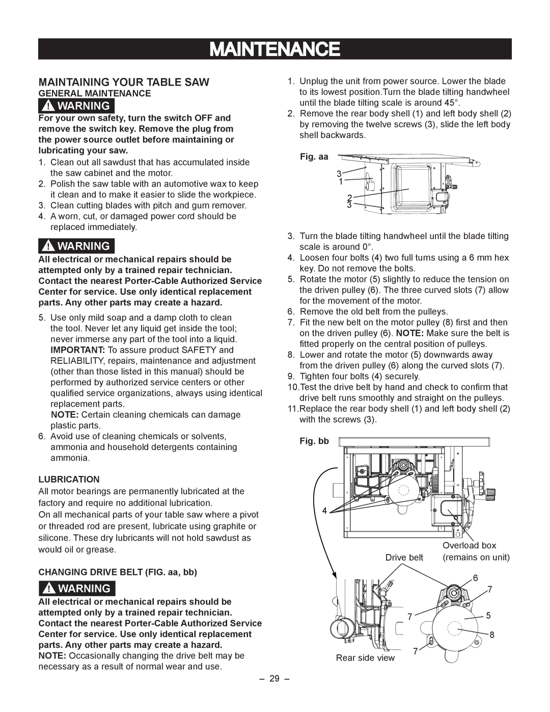 Porter-Cable PCB270TS instruction manual Maintaining Your Table SAW, General Maintenance, Lubrication 