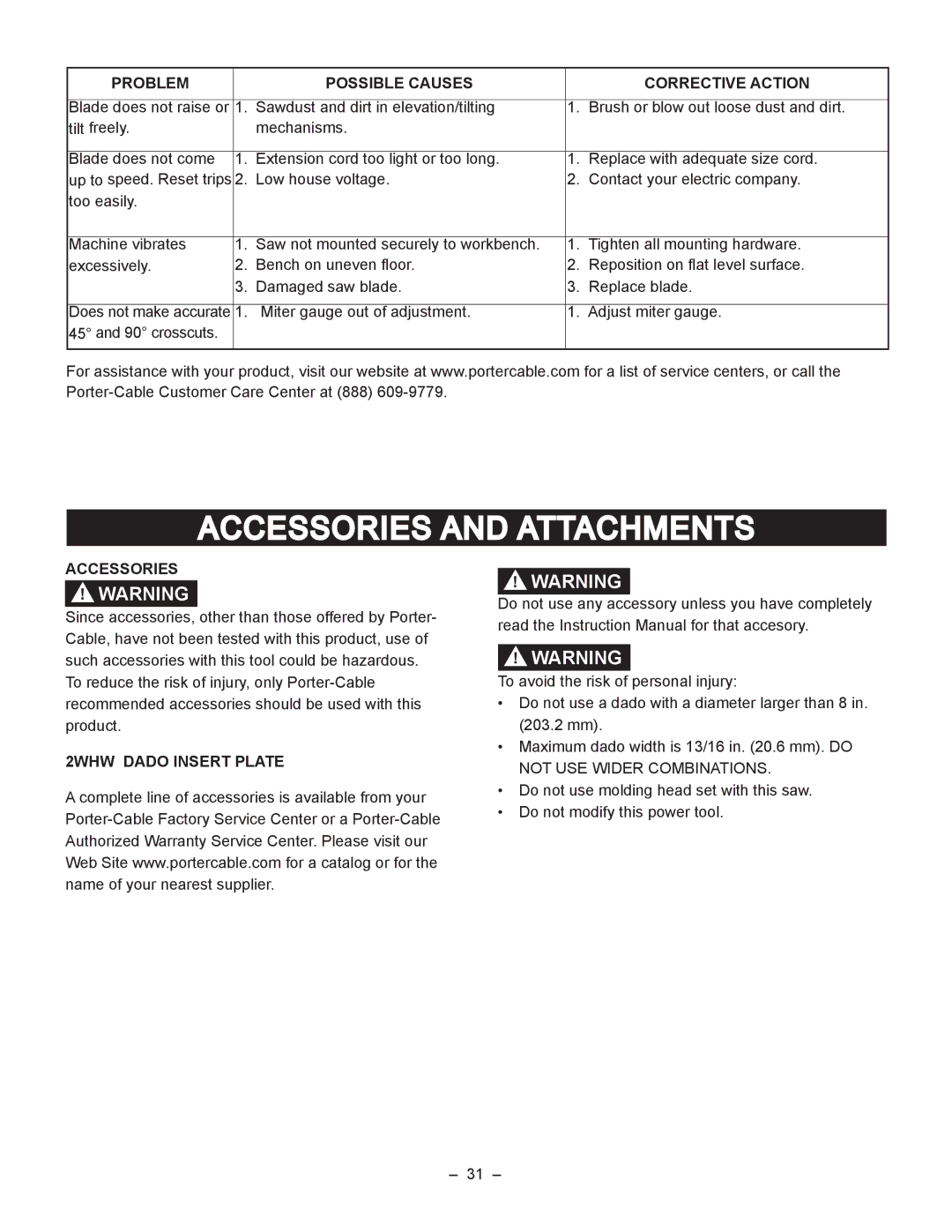 Porter-Cable PCB270TS instruction manual Accessories and Attachments, 2WHW Dado Insert Plate 